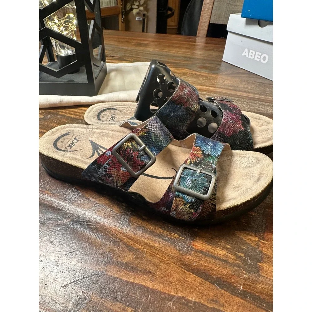 ABEO Blythe Multi Floral Snake Embossed Leather Orthotic Slide Sandals Womens 8N